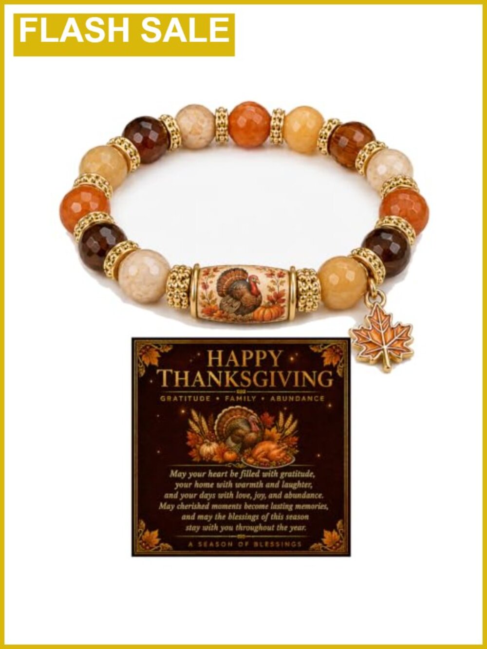 Thanksgiving Beaded Stretch Bracelet with Maple Leaf Charm Fall Jewelry